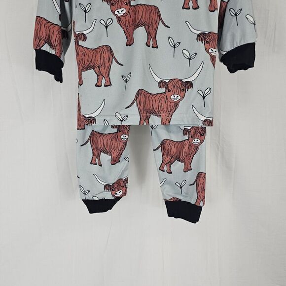 Highland Cow Pajama Blue/gray With Black Trim Brown Cow Print Pajama Set Size 92 - Picture 2 of 5